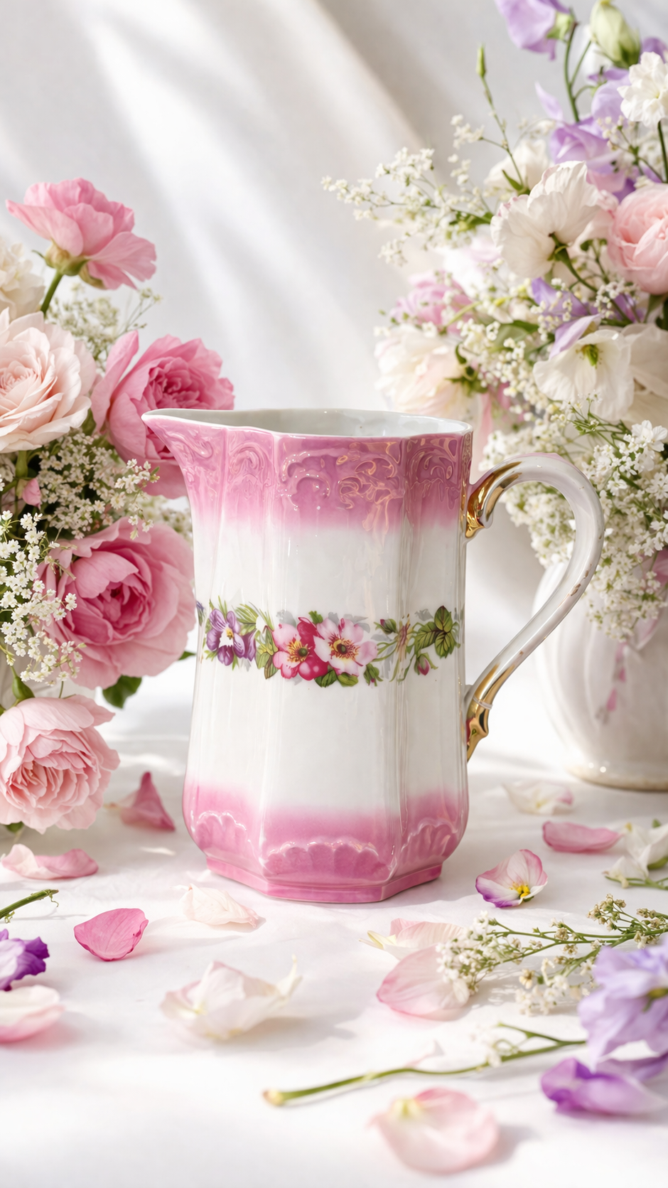 Antique 1900s Pink Floral Porcelain Pitcher | Romantic Cottage Vase, Gold Handle Detail