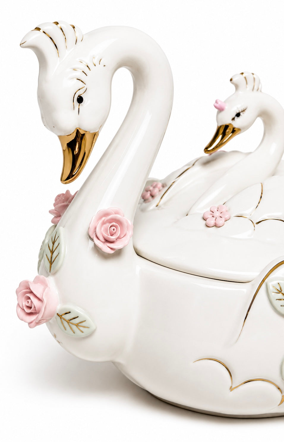Vintage Large Porcelain Swan Trinket Dish with Lid – Pink Roses & Gold Accents