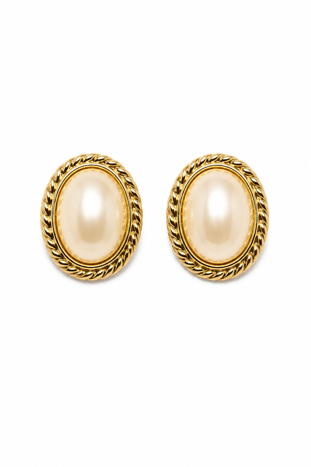 Vintage 1980s–1990s Signed Trifari Gold Tone Twisted Rope Faux Pearl Clip-On Earrings