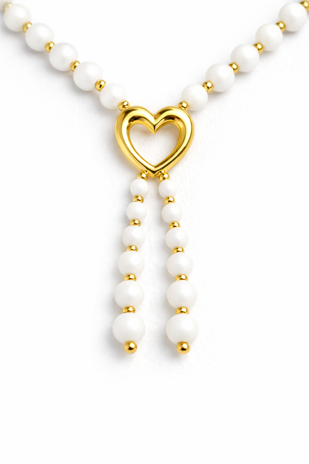 White Pearl Necklace with Gold Heart Pendant | Romantic Statement Strand