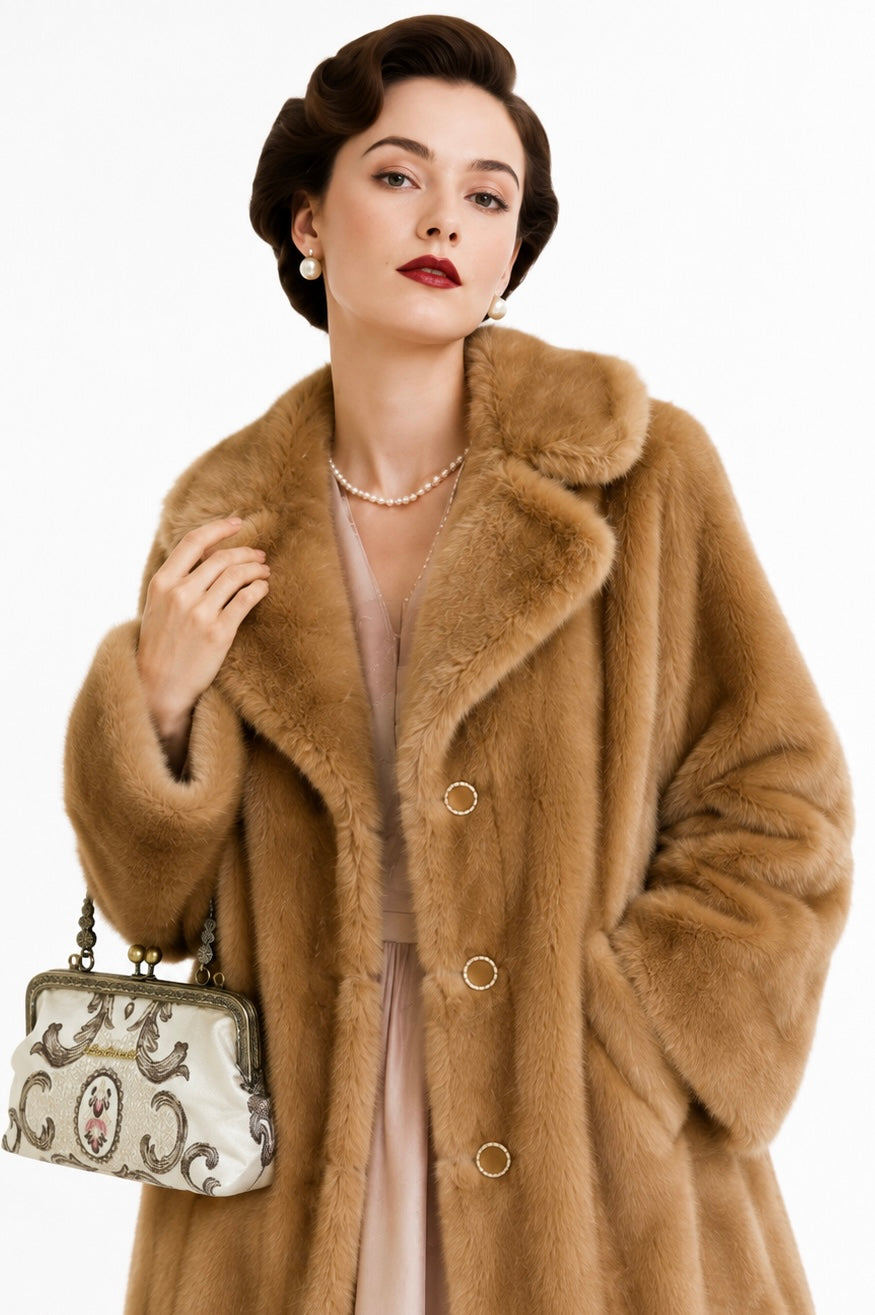 Pristine 1960s–70s Minçara by Russell Taylor Luxury Faux Mink Coat Camel French Style Floral Jacquard Lined M/L