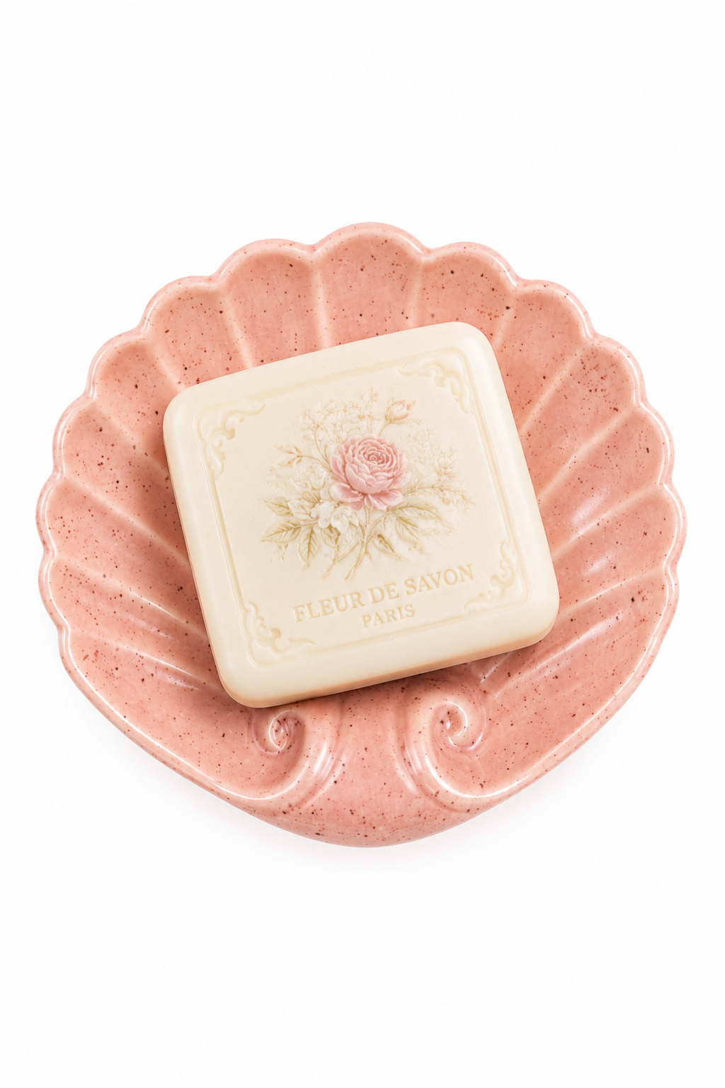 Vintage 1950s Pink Speckled Ceramic Shell Dish | Coastal Cottage Jewelry Tray | Seashell Soap Dish | Shabby Chic Vanity Decor