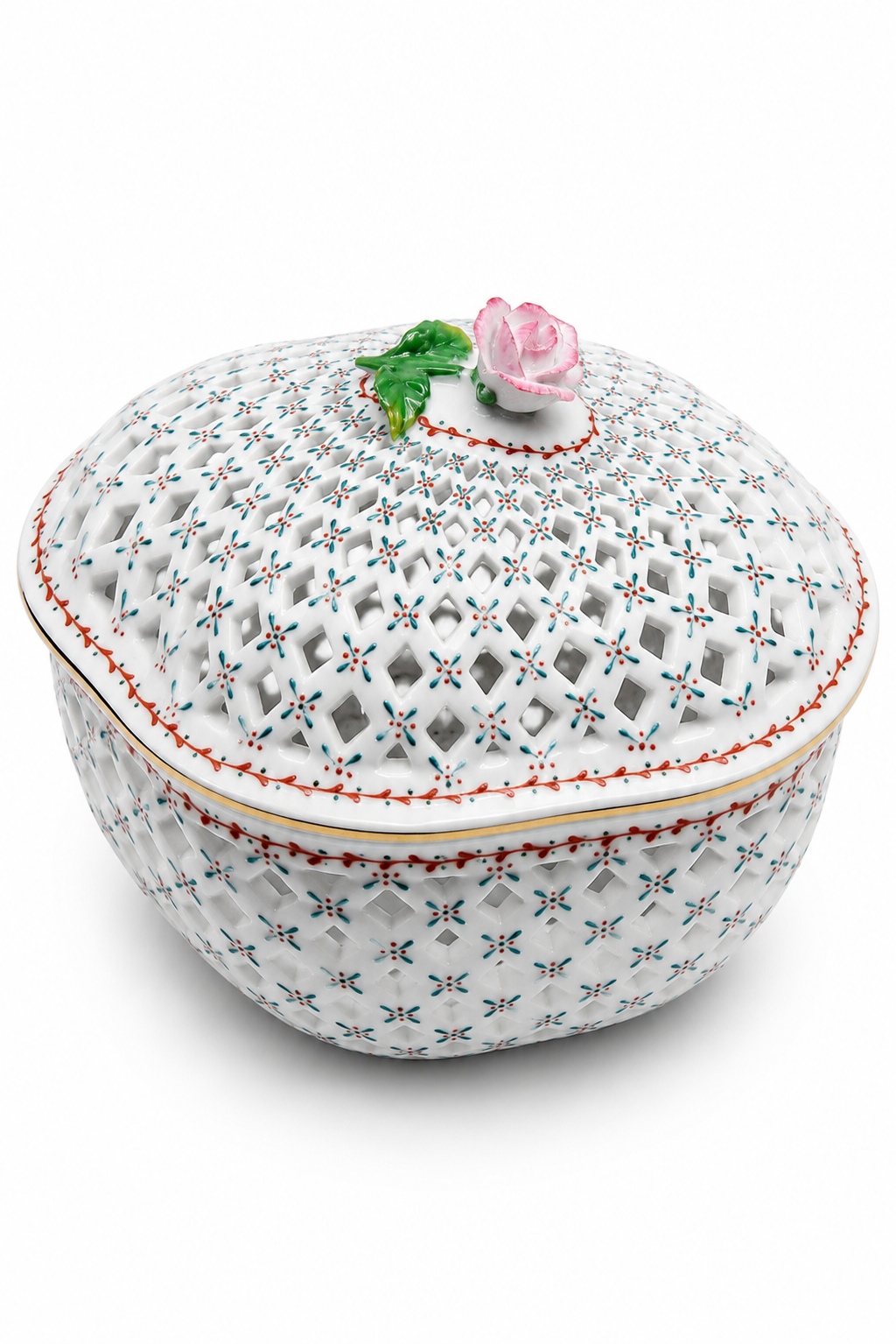 Vintage 1990s Royal Danube Reticulated Porcelain Lidded Trinket Box with Rose Finial