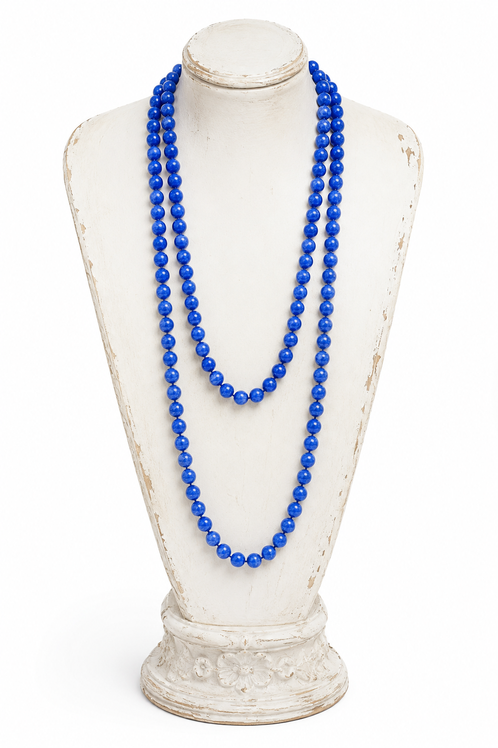Vintage 1950s–1960s Cobalt Blue Beaded Necklace | Extra Long Double-Strand Necklace | Mid-Century Statement Jewelry