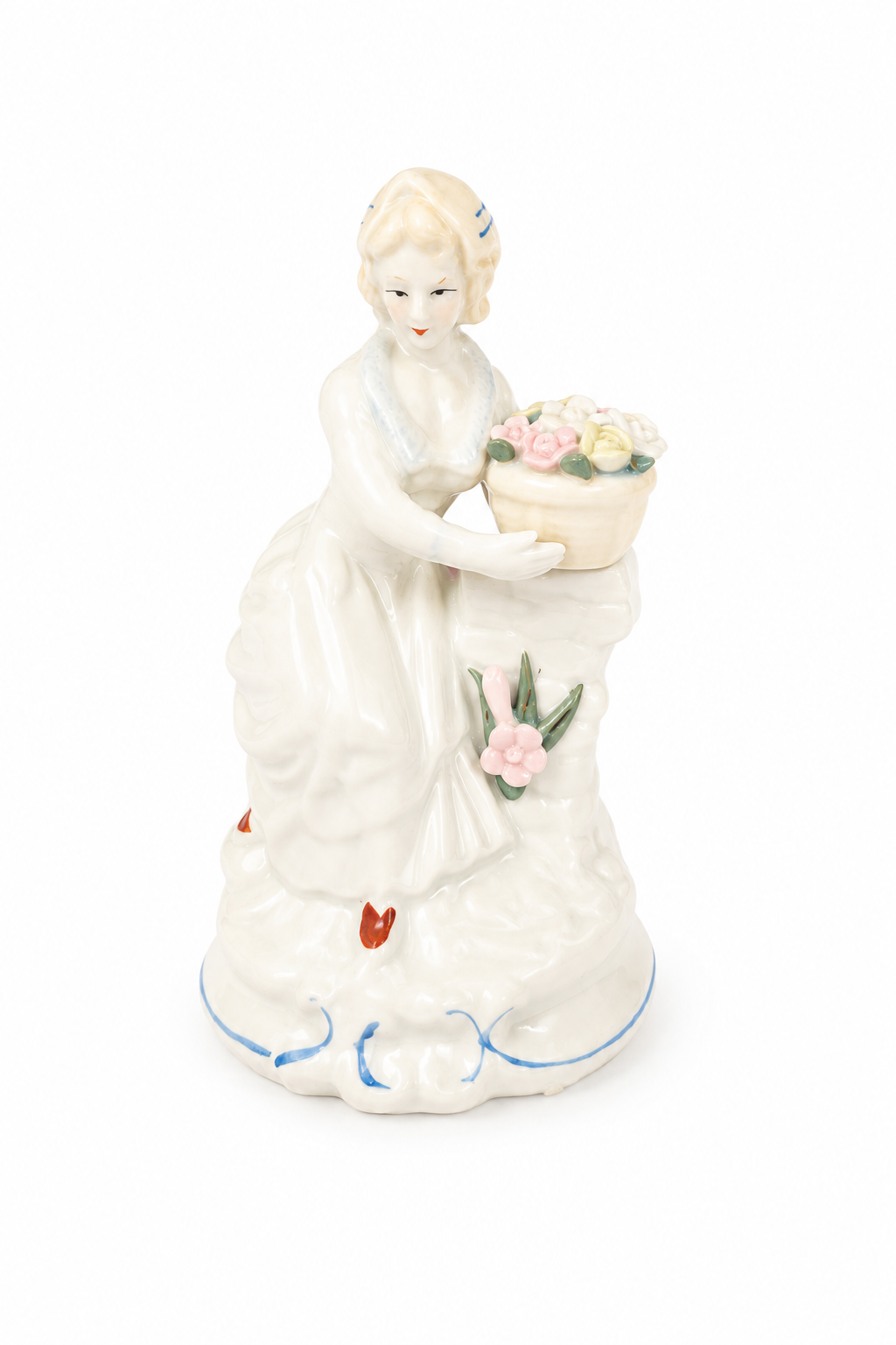 Vintage Ceramic Lady Figurine Holding Flower Basket | Romantic Victorian Style Porcelain Figure | Cottagecore Home Décor