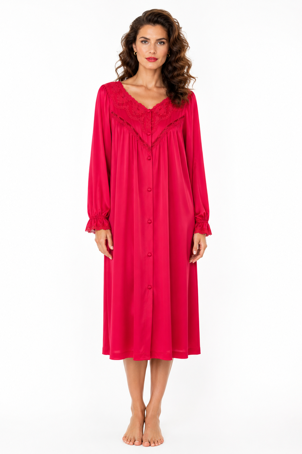 Vintage Red Lace Trim Nightgown | Made in USA Union Tag Lounge Dress | 100% Antron Nylon | Size Small