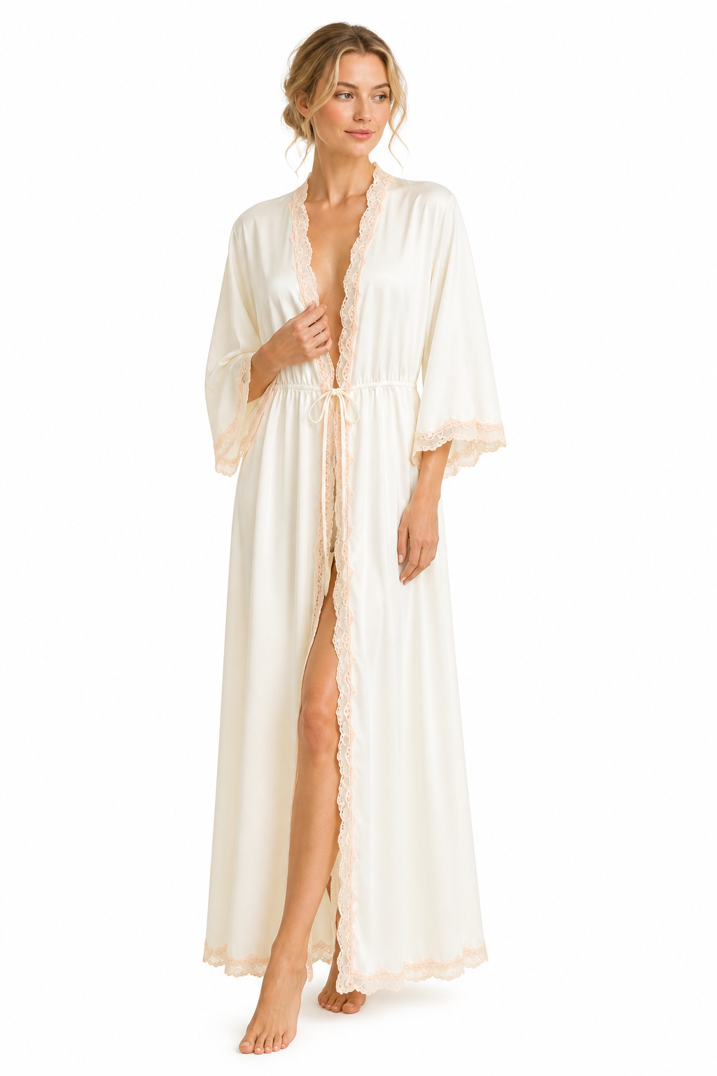 Vintage 1960s–1970s Montgomery Ward Peignoir Robe | Cream Lace Trim Long Nightgown Robe - Size Medium