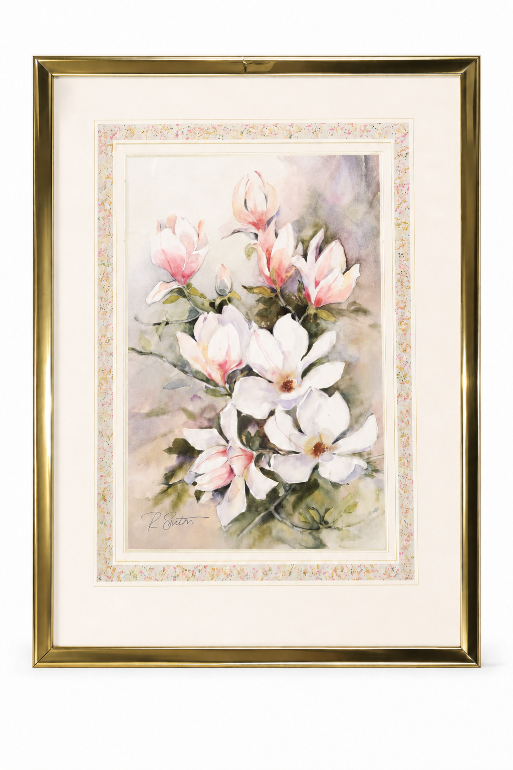 Vintage 1990s Romantic Magnolia Floral Framed Art Print | Gold Tone Frame | Cottagecore Wall Décor