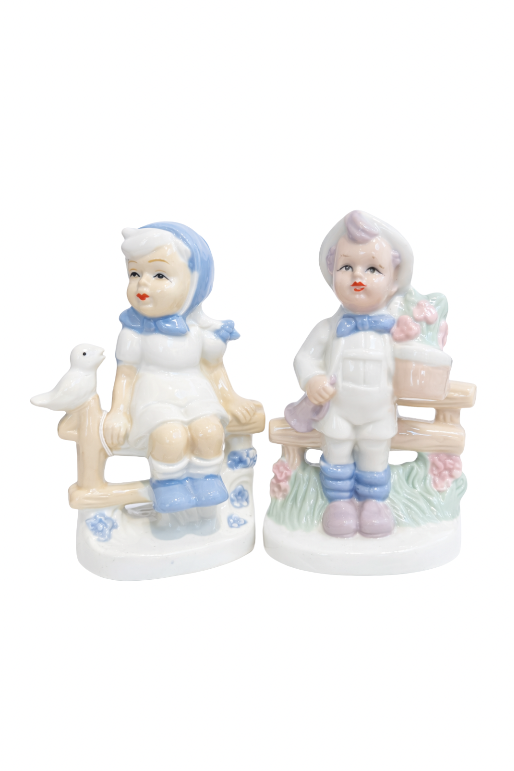 Vintage Children on Bench Figurines | Set of Two Porcelain Pastel Figures