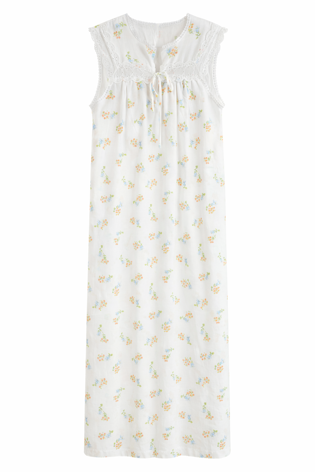 Vintage Floral Cotton Nightgown | Orange Ditsy Print, Lace Detail, Soft Cottagecore | Size S–M