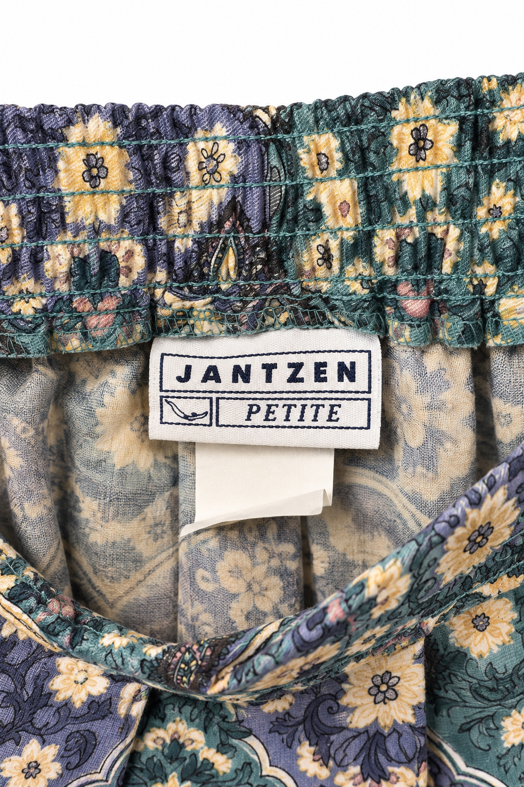 Vintage 1980s–90s Jantzen Petite Paisley Medallion Cotton Midi Skirt Green Yellow Size 10