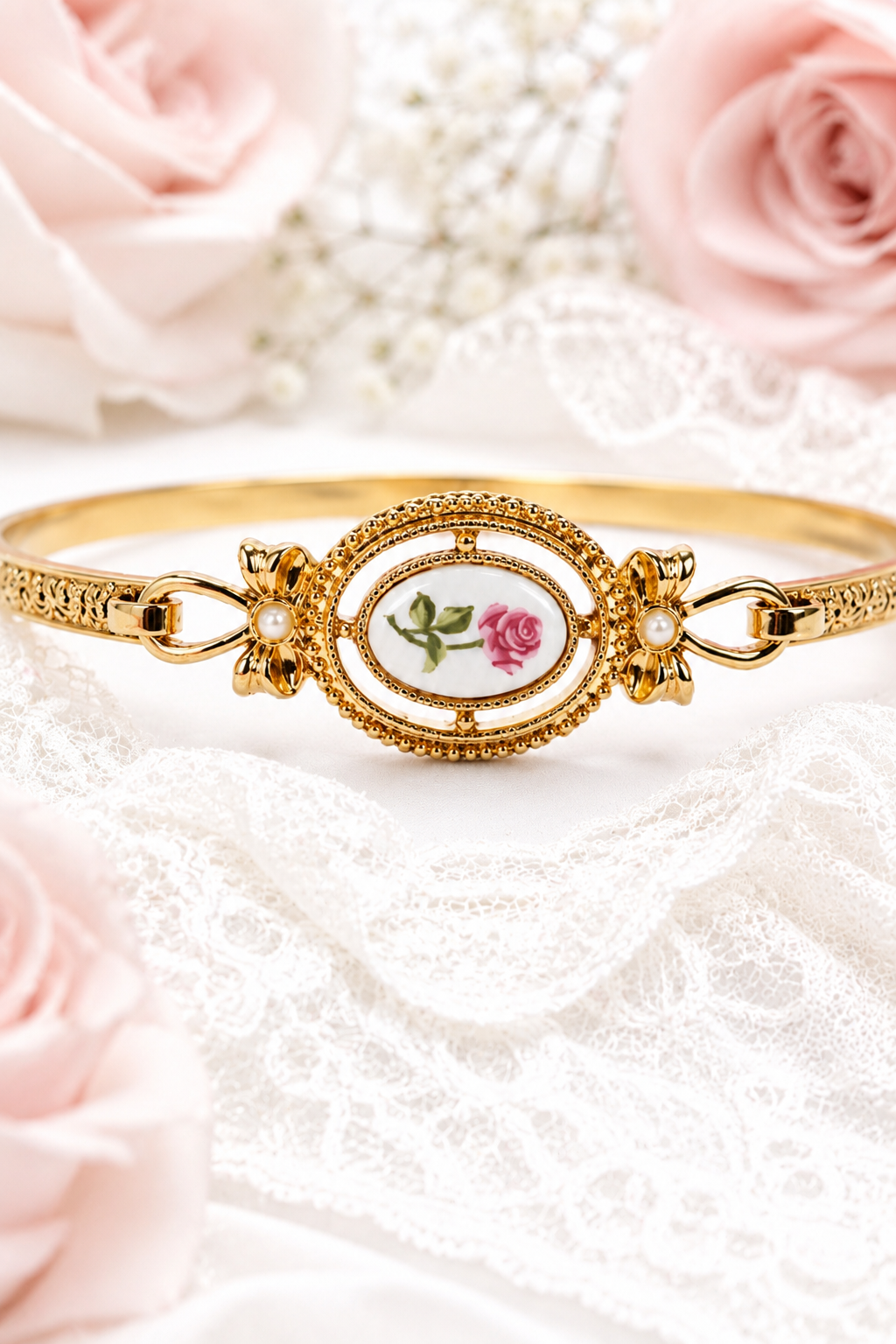 Vintage 1980s Avon Gold-Tone Porcelain Pink Rose Cameo Bangle Bracelet | Romantic Floral Hinged Bracelet