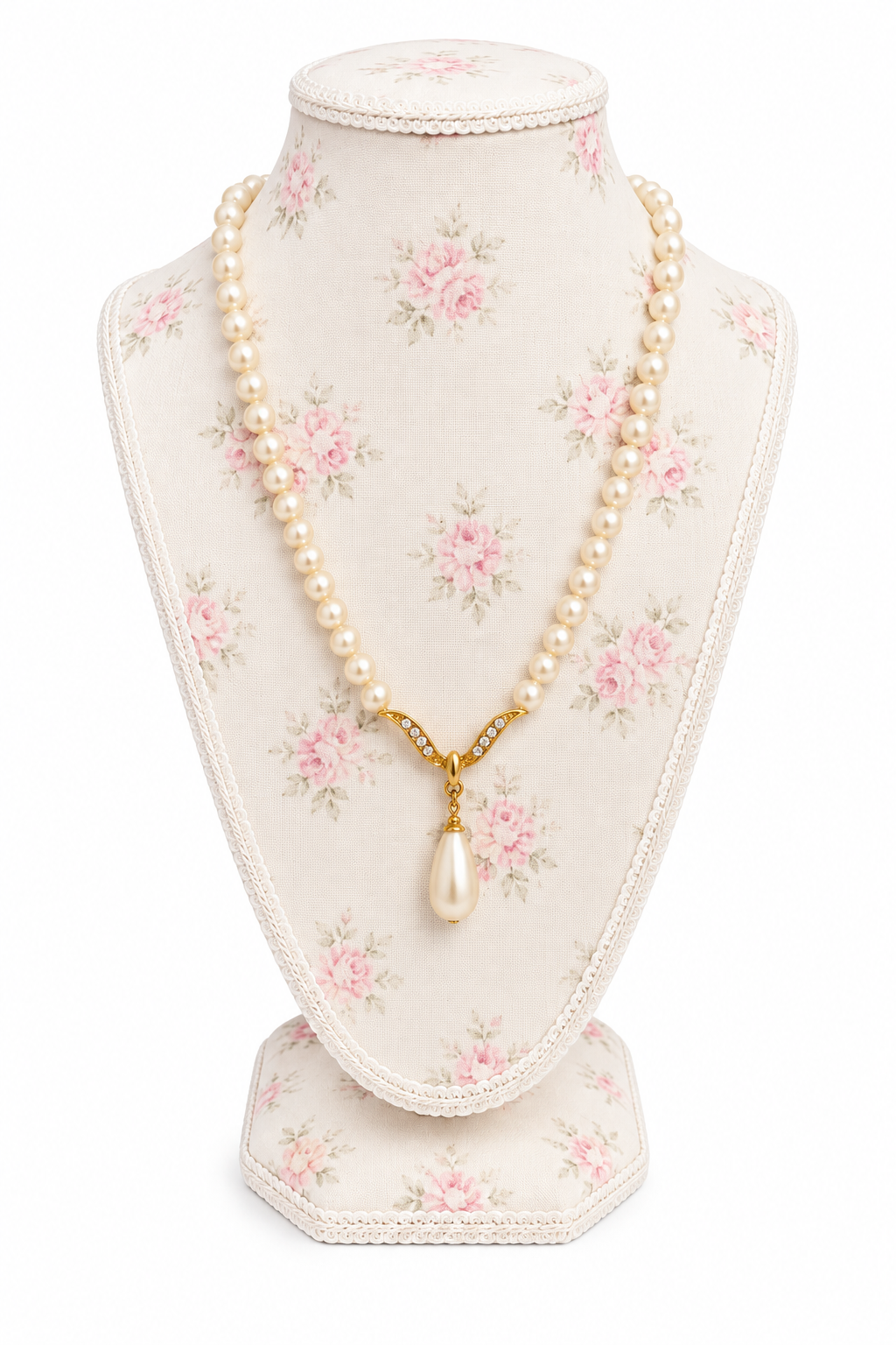 Vintage 1980s Ivory Faux Pearl Necklace with Gold-Tone Rhinestone Pendant | Elegant Teardrop Pearl Jewelry