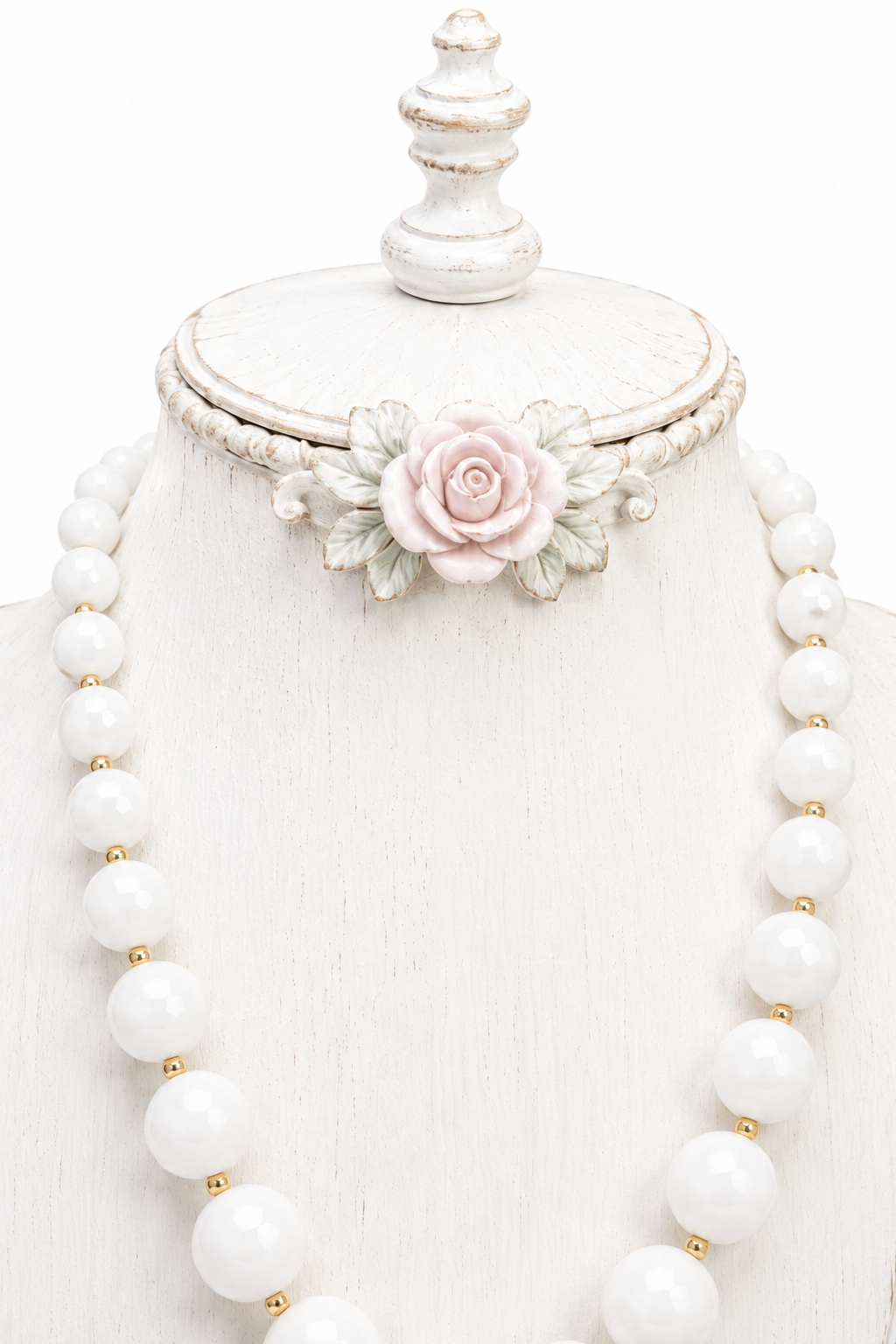 Vintage 1950s White Beaded Necklace with Gold Accents | Mid-Century Statement Necklace | Classic Elegance