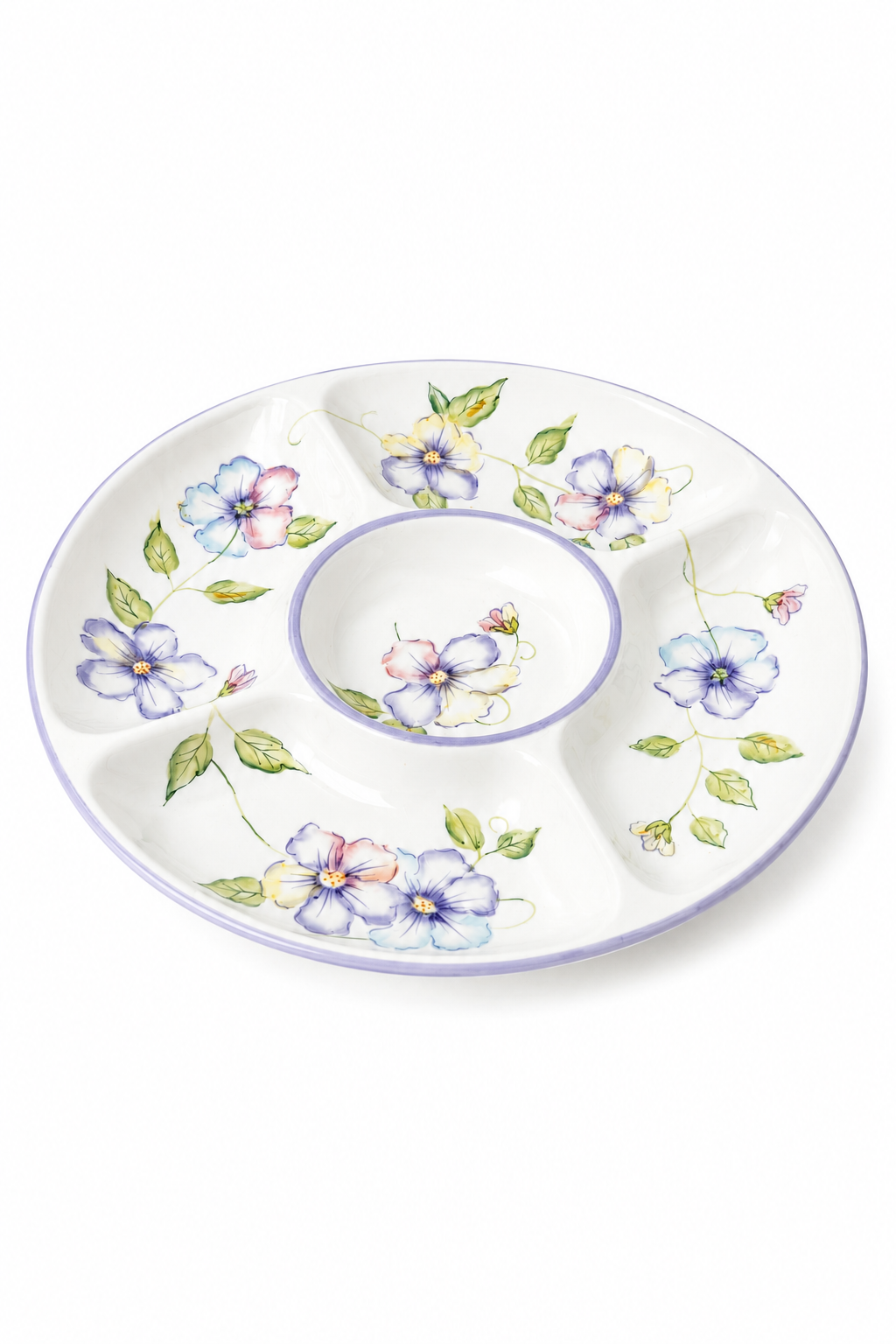 Vintage Capriware Hand-Painted Pansy Divided Serving Platter | Large 5-Part Chip & Dip Platter | 15.25”