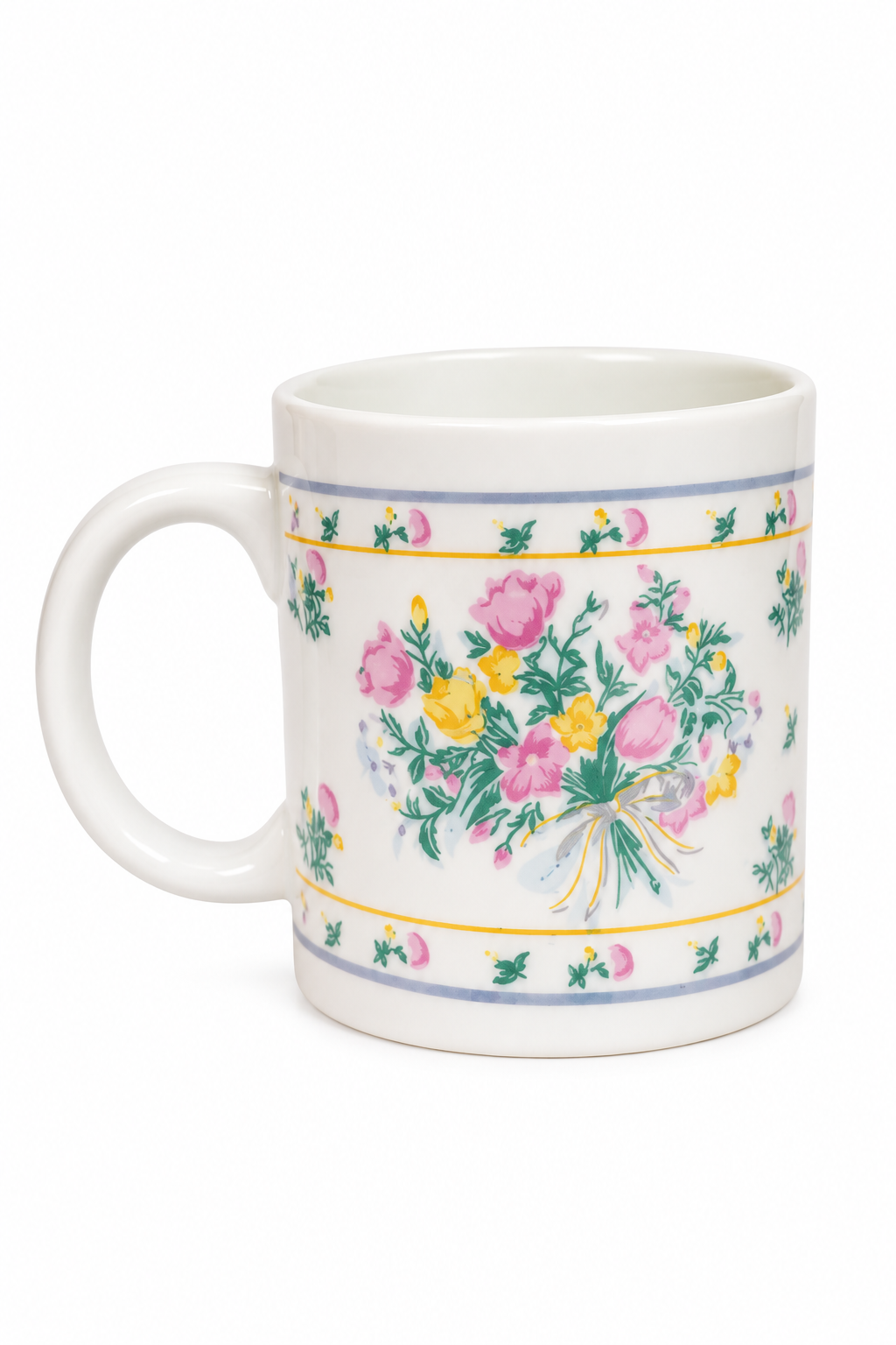 Vintage Pink & Yellow Floral Ceramic Mug – Colorful Cottage Flower Coffee Cup
