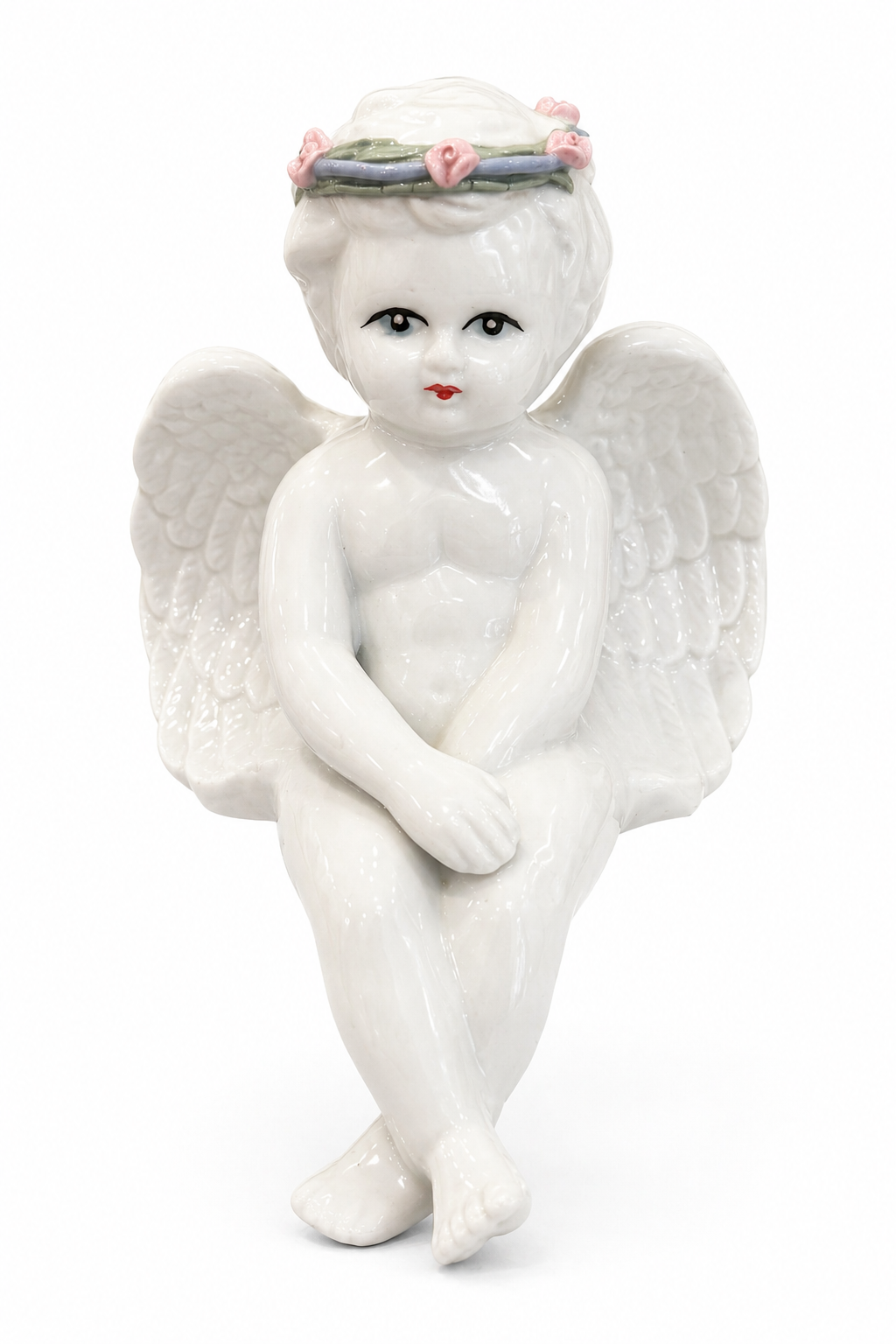 Vintage Sitting Cherub Shelf Sitter | Angel Figurine with Floral Crown