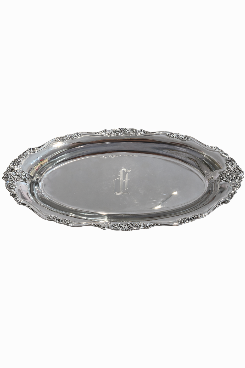 Vintage Wallace Silver-Plated Oval Serving Tray with Monogram | Ornate Edge