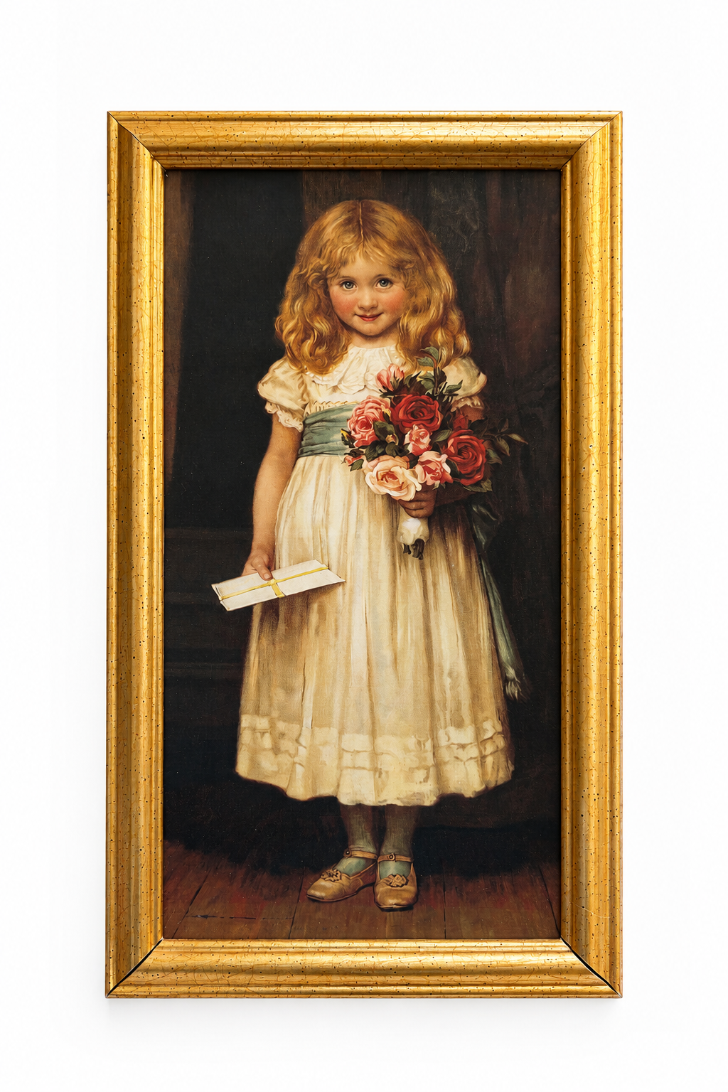 1980s “The Love Letter” by Charles Trevor Garland Framed Art Print | Victorian Girl Portrait | Gold Frame