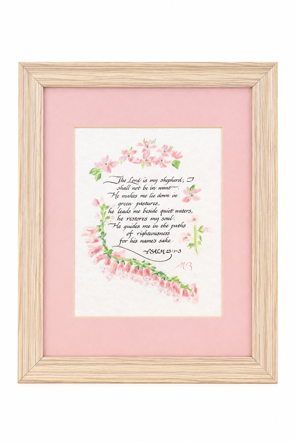 Vintage Style Psalm 23 Framed Scripture Art | Pink Floral Religious Wall Decor 16” x 13”