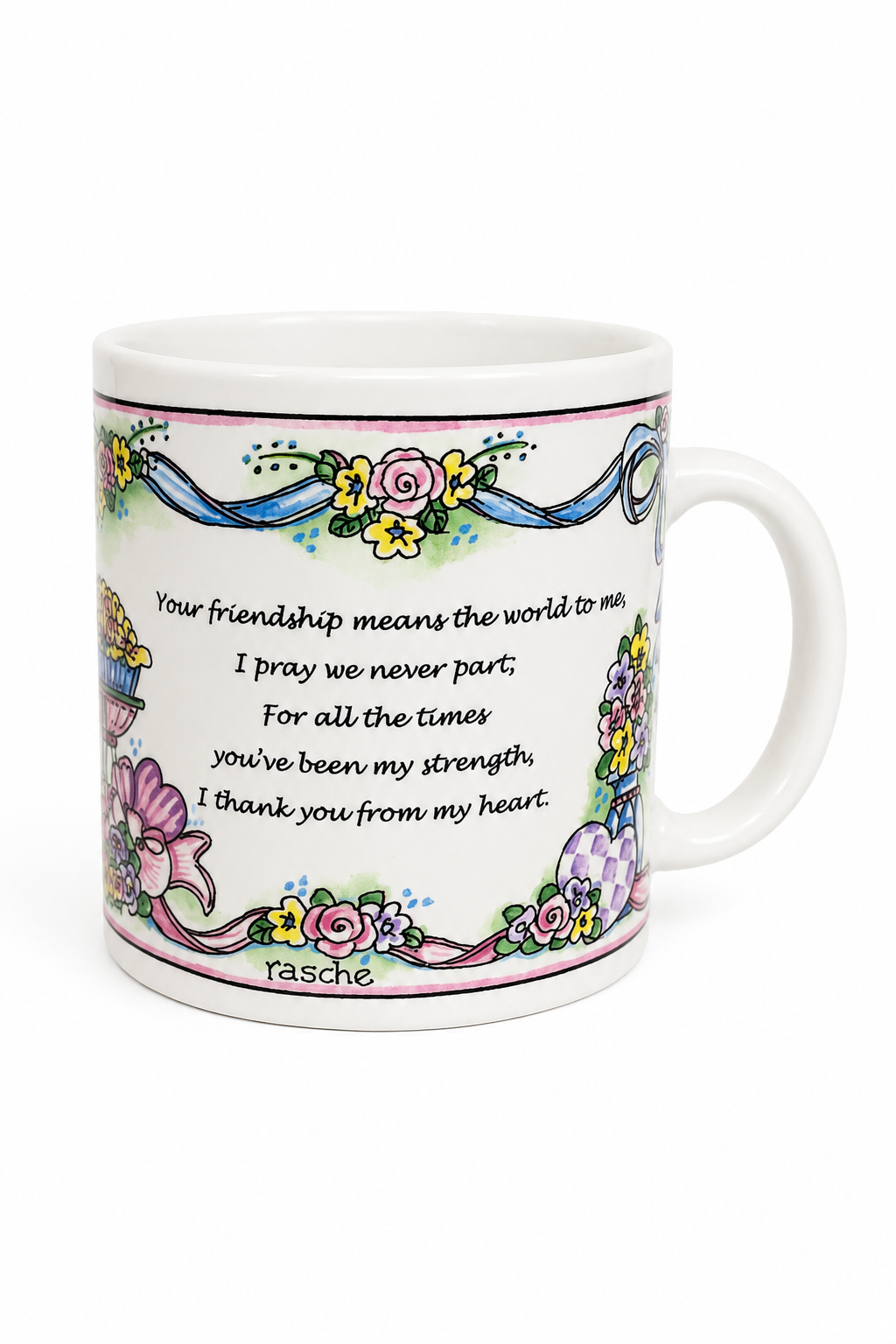 Vintage 1999 About Face Designs Shelly S. Rasche “Thank You” Friendship Message Mug – Floral Tea Party Ceramic Cup