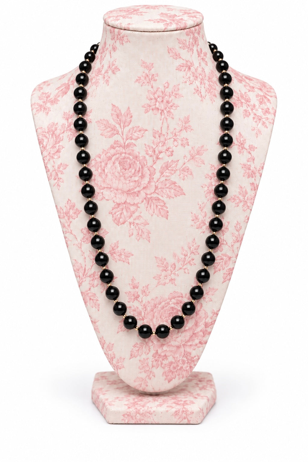 Vintage 1980s Classic Black Beaded Statement Necklace Gold Tone Spacer Accents