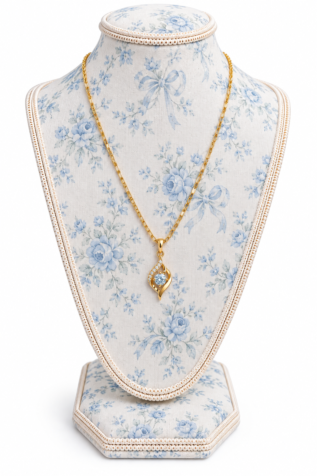 Vintage 1990s Gold-Tone Light Blue Rhinestone Swirl Pendant Necklace