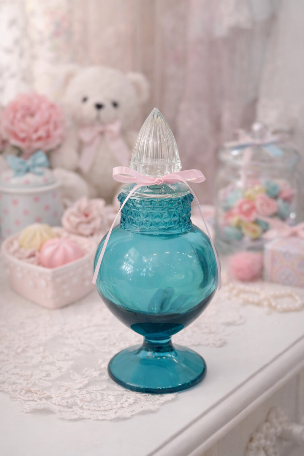 “Bleu Sirène” Vintage Turquoise Glass Apothecary Candy Dish / Vanity Jar