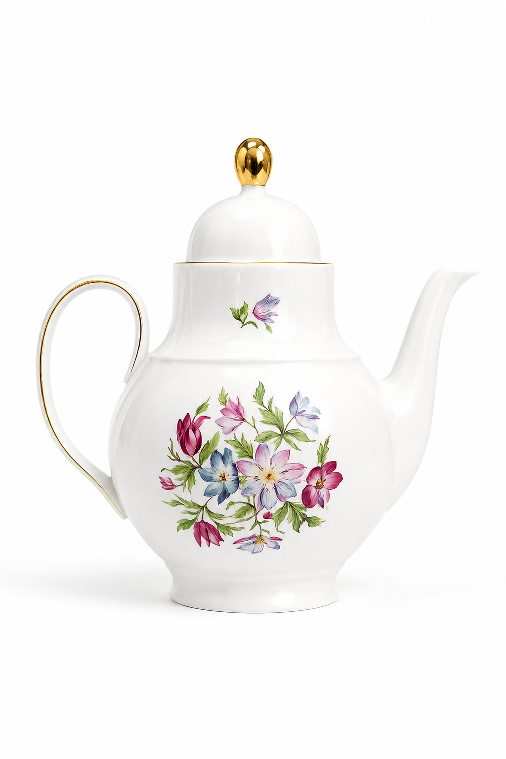 Large Vintage Porcelain Floral Teapot | White China with Gold Trim | Cottagecore Tea Décor