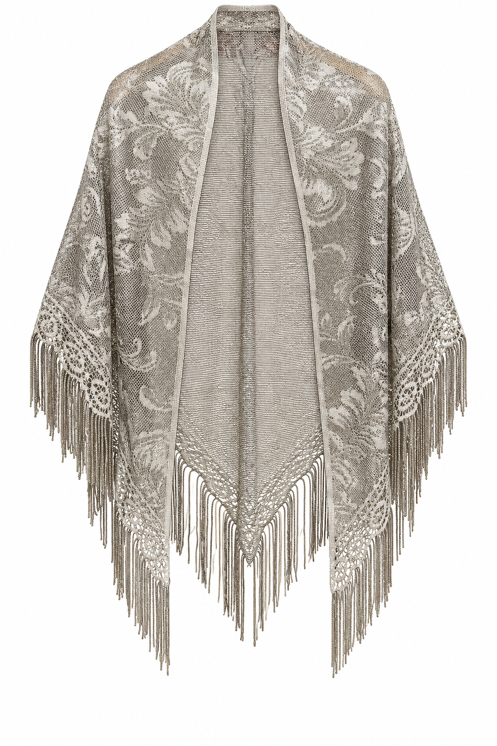 Vintage 1970s–80s Gold Metallic Lace Piano Shawl Long Fringe Wrap | One Size