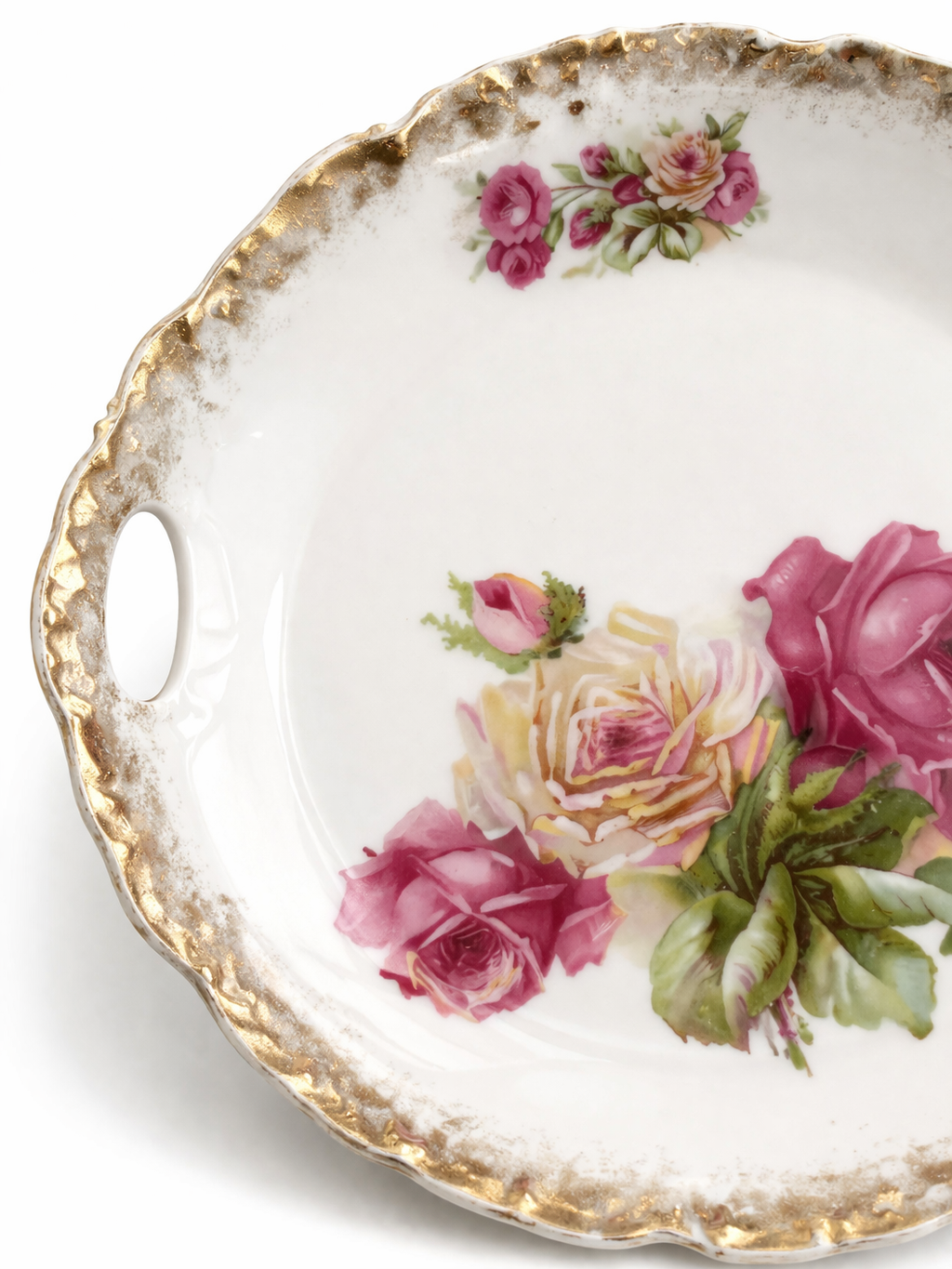 Vintage German Porcelain Serving Plate with Handles |Pink Rose Floral, Gold Trim, 10.5” Decorative Wall Plate