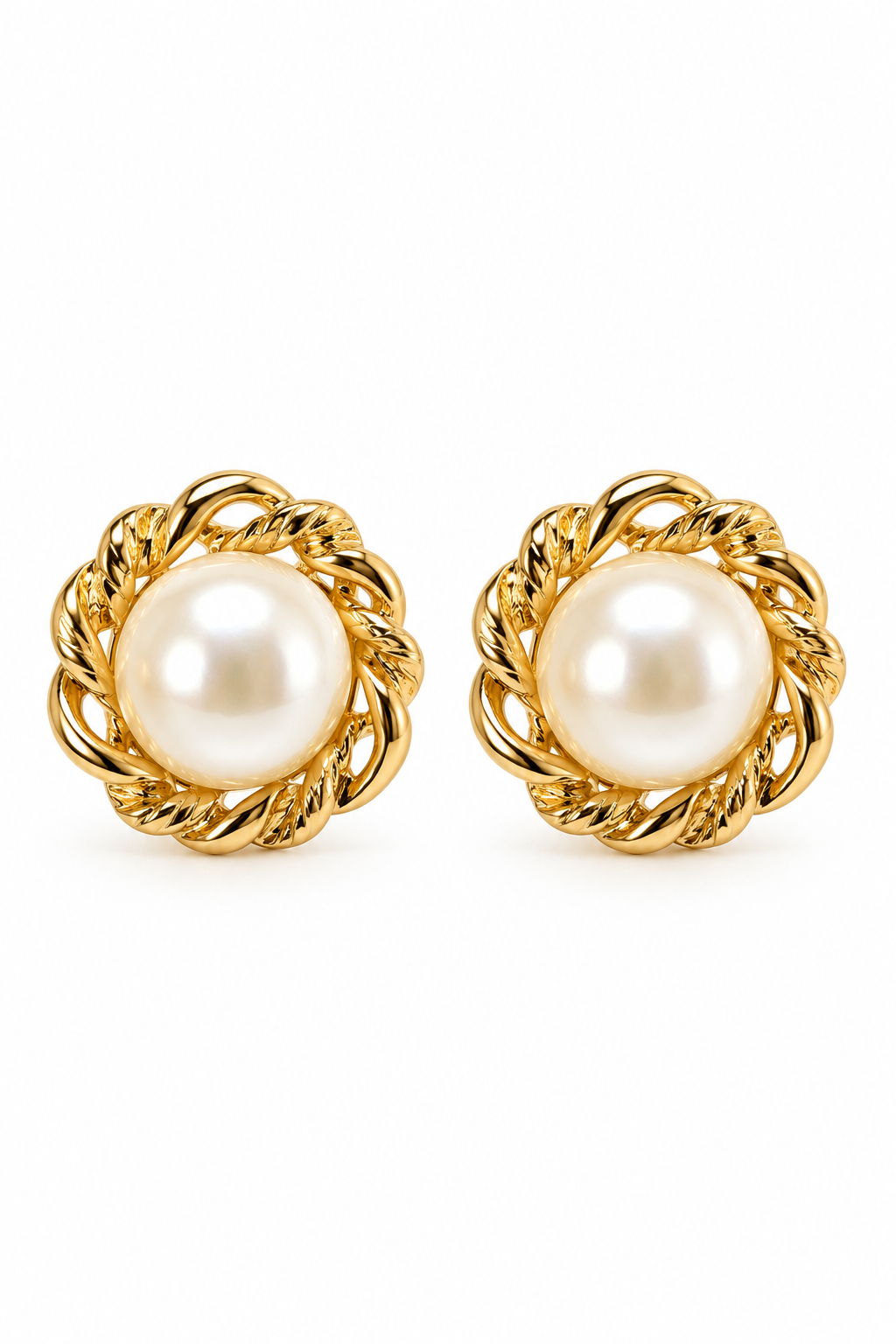 Vintage 1980s Oversized Faux Pearl Gold-Tone Twisted Wreath Stud Statement Earrings