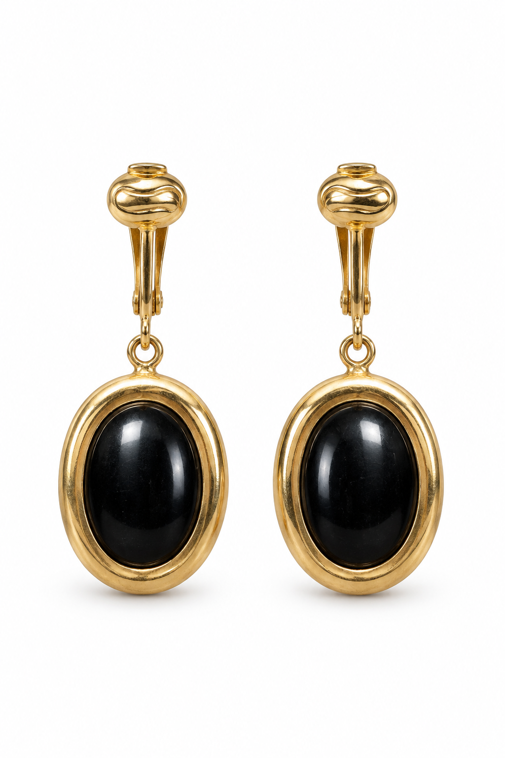 Vintage 1960s–1970s Signed Sarah Coventry Gold-Tone Black Cabochon Dangle Clip-On Earrings – 1.5”