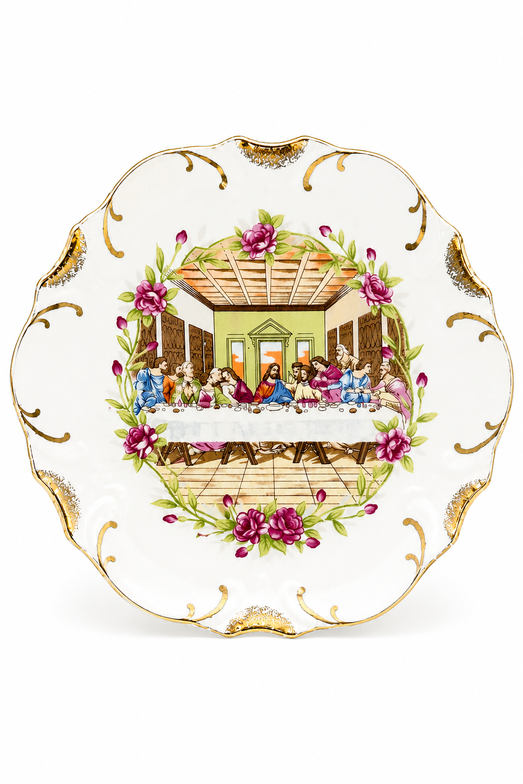 Vintage Last Supper Decorative Wall Plate | Pink Roses & 18K Gold Trim – Made in Japan
