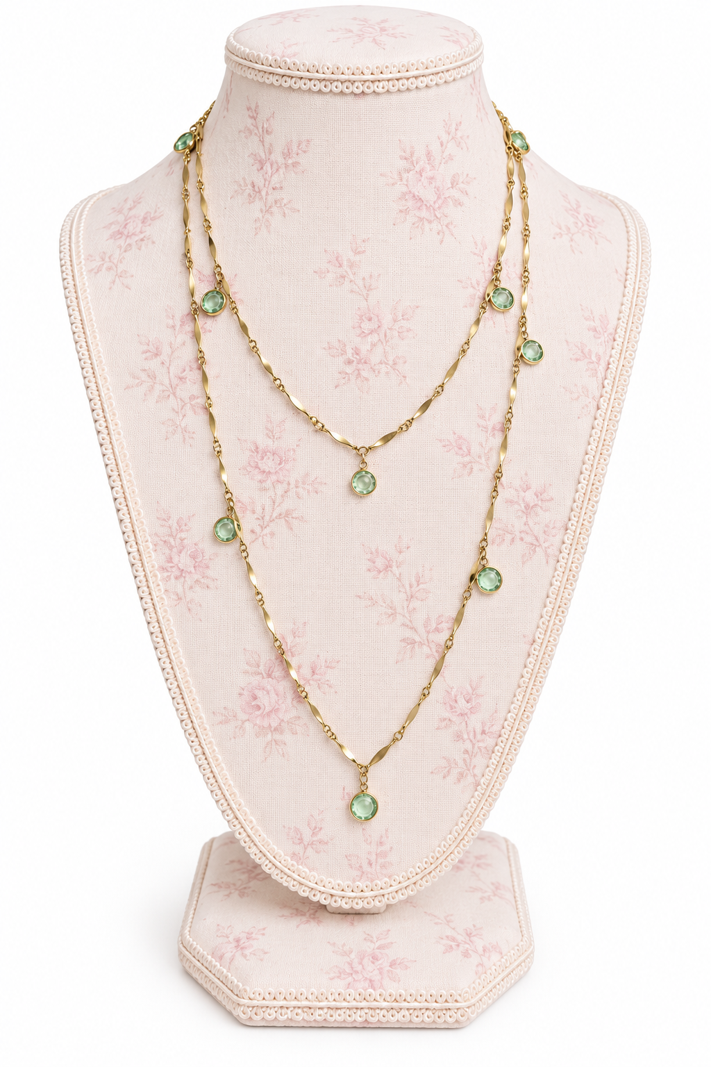 Vintage 1970s–80s Gold-Tone Green Crystal Drop Station Necklace