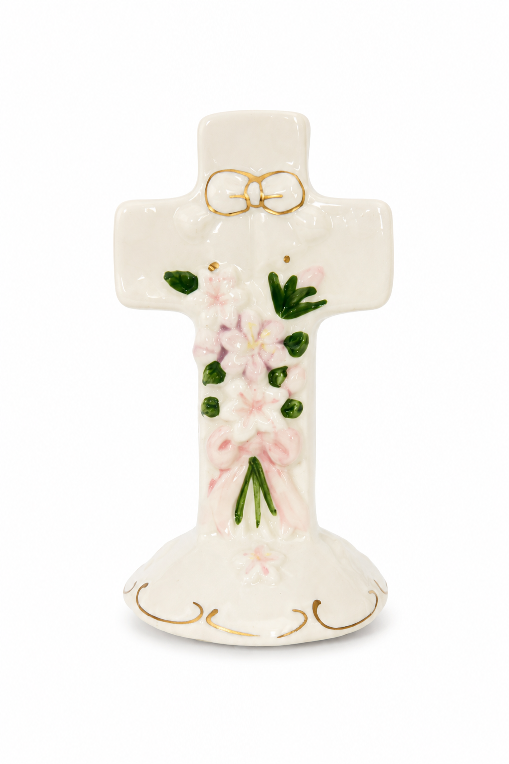 Vintage Porcelain Floral Cross Figurine | Pink Blossoms & Gold Accents | Religious Home Décor