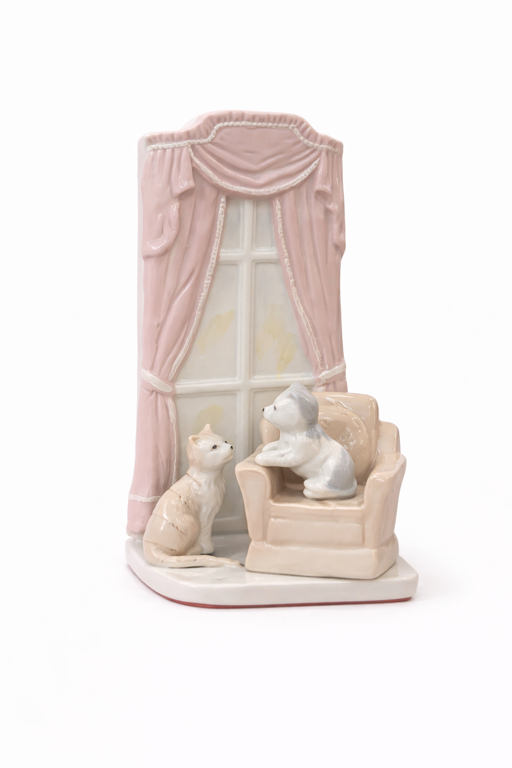 Vintage Cat & Dog Bookend (Single) |1970s–1980s Ceramic, Pink Curtain Scene, Whimsical Nursery Decor