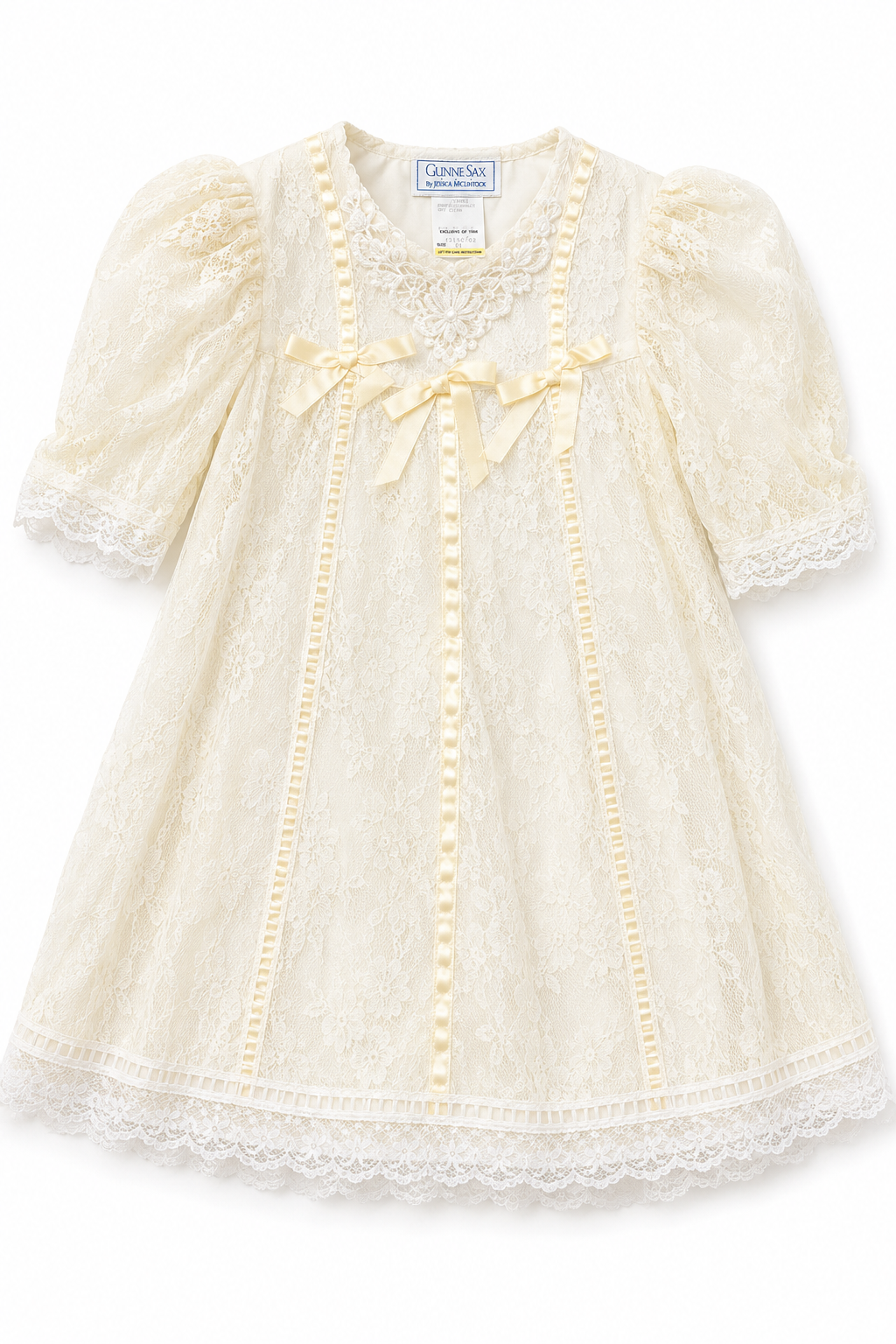 Vintage Gunne Sax by Jessica McClintock Girls Ivory Lace Dress – Satin Bows Made in USA – Size 3T