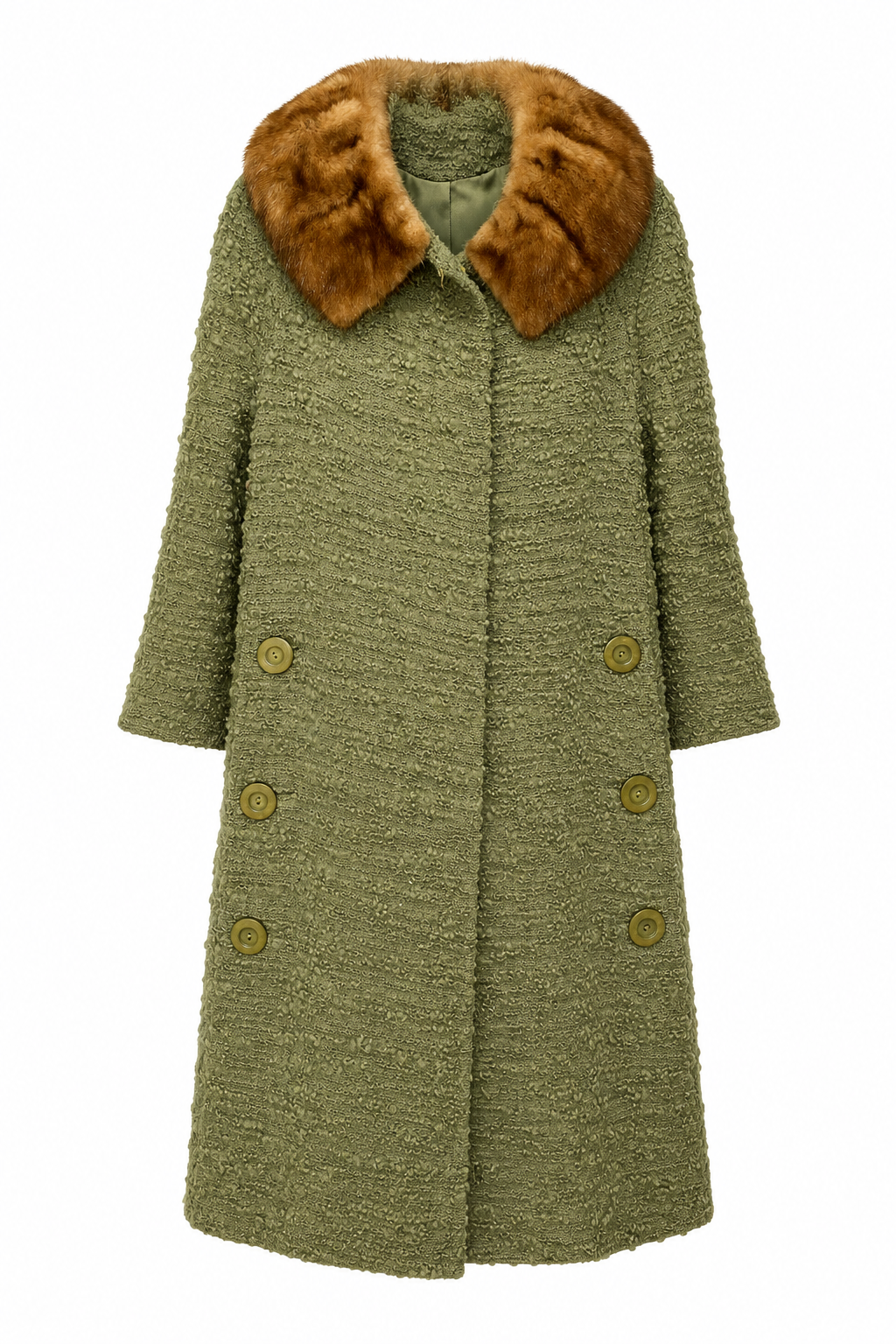 1950s–1960s Vintage Olive Green Coat with Genuine Mink Fur Collar – Made in USA | Est. S/M