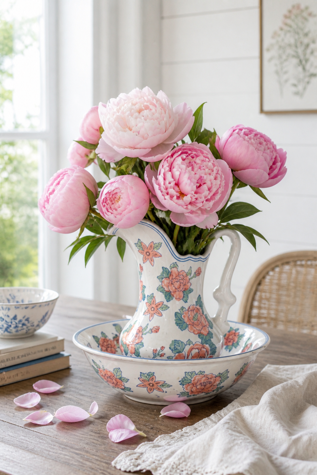 Vintage 1970s Floral Porcelain Pitcher & Wash Basin Set | Pink & Blue Cottagecore Vanity Set
