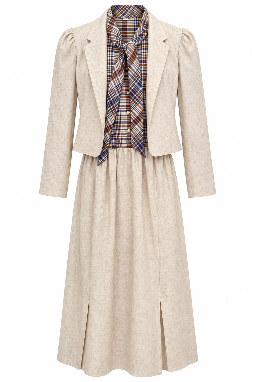 Vintage 1970s–80s Cream Linen Blend Plaid Tie-Neck Dress & Cropped Blazer Set | Approx S