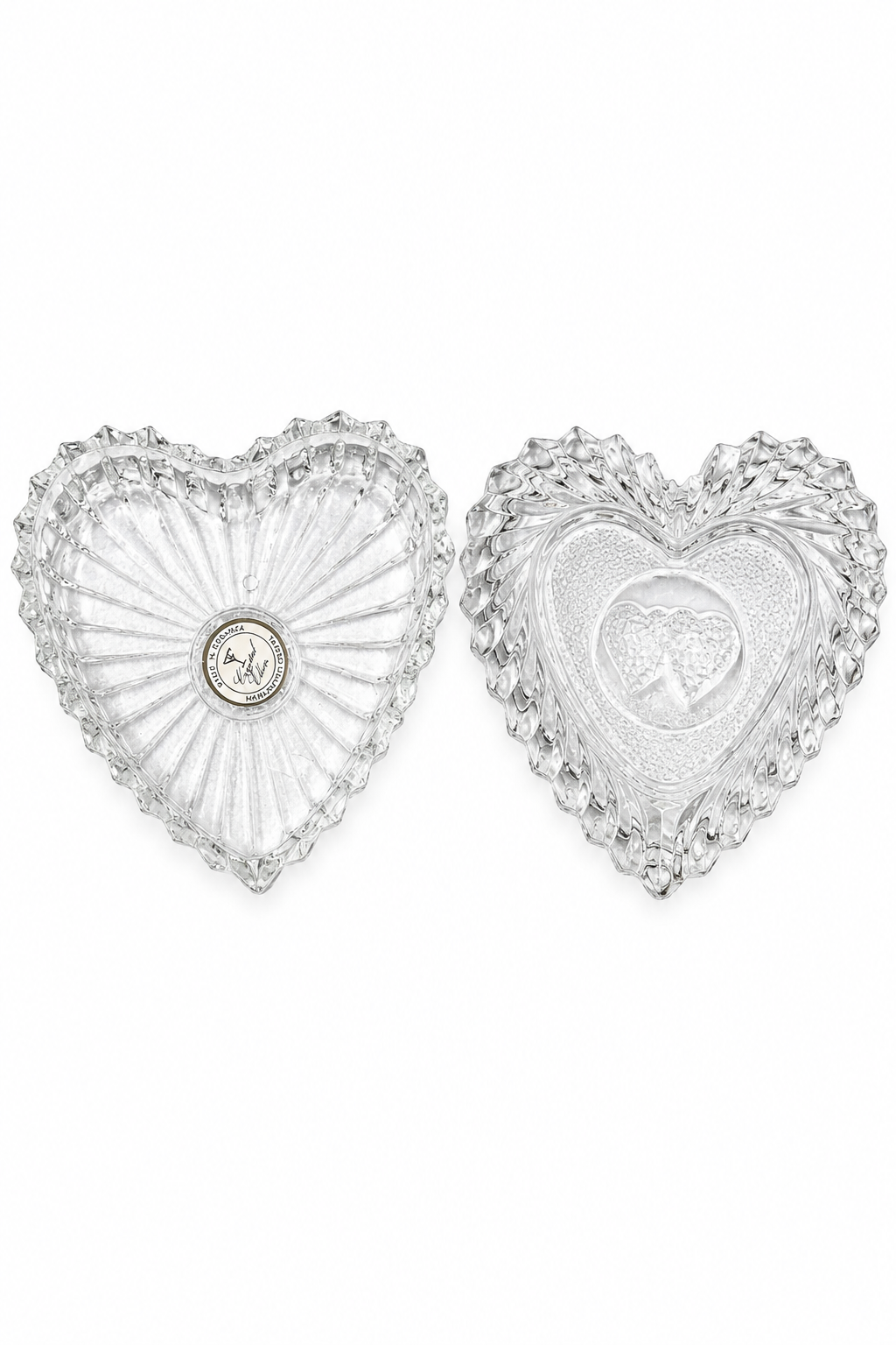 Vintage 1980s Romanian Crystal Double Heart Trinket Dish – Heart-Shaped Jewelry Catchall