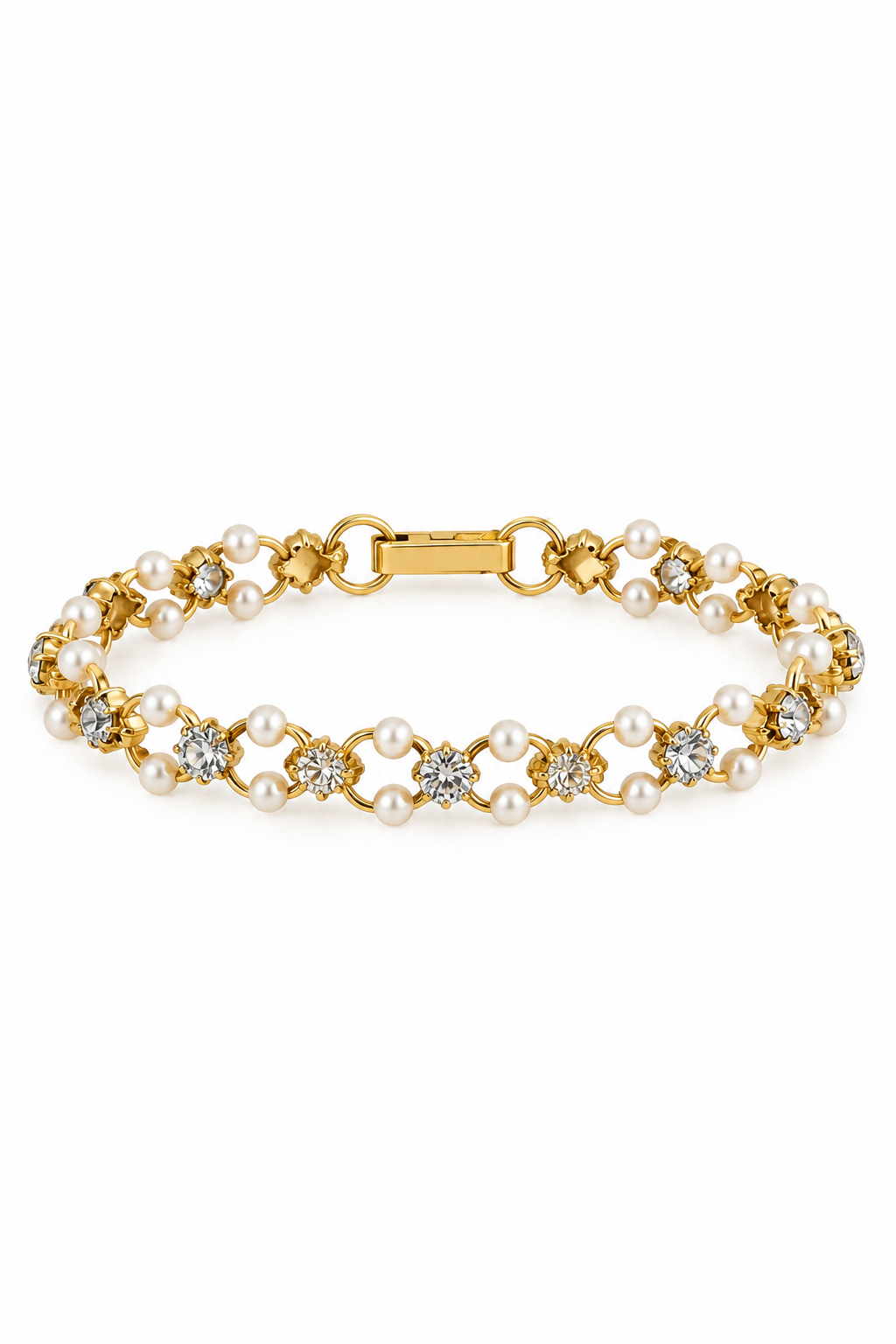 Vintage 1990s Gold-Tone Faux Pearl & Rhinestone Link Bracelet