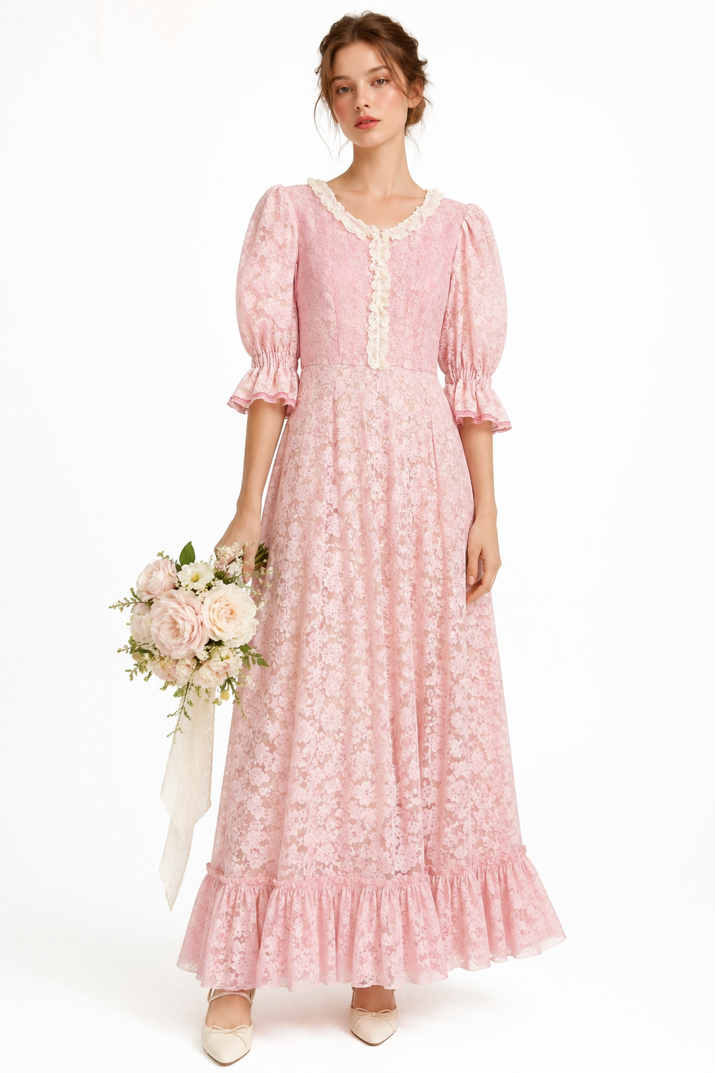 Vintage 1960s-1970s Handmade Pink Floral Lace Prairie Dress Romantic Rapunzel Gown XS/S