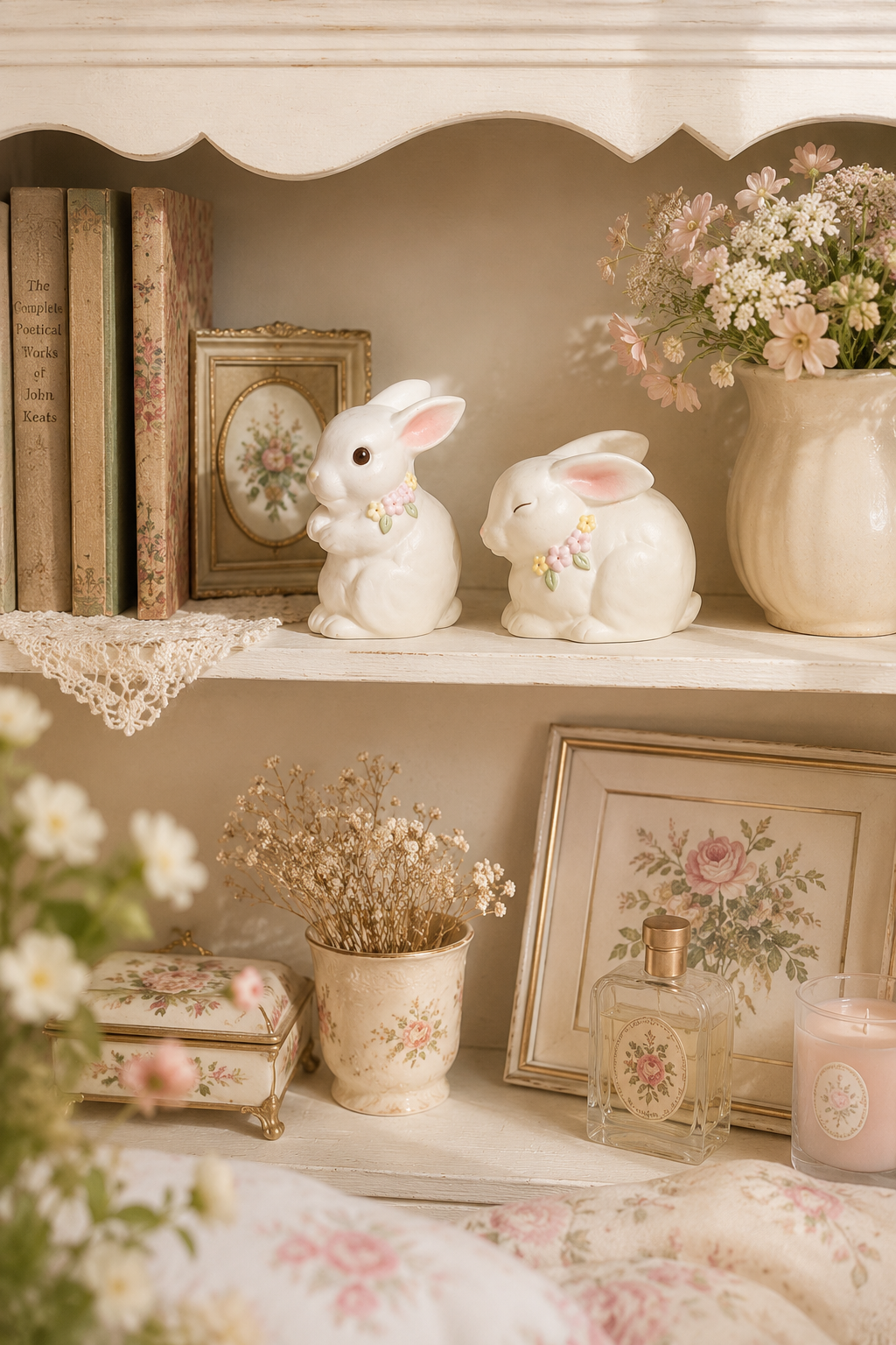 Set of 2 Vintage Oxford Porcelain Bunny Figurines | Sweet Floral Rabbits