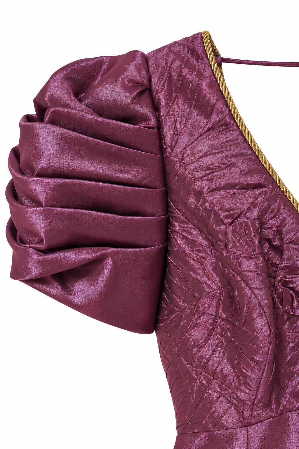 Vintage 1980s Mauve Satin Renaissance Revival Puff Sleeve Mini Dress | Gold Trim