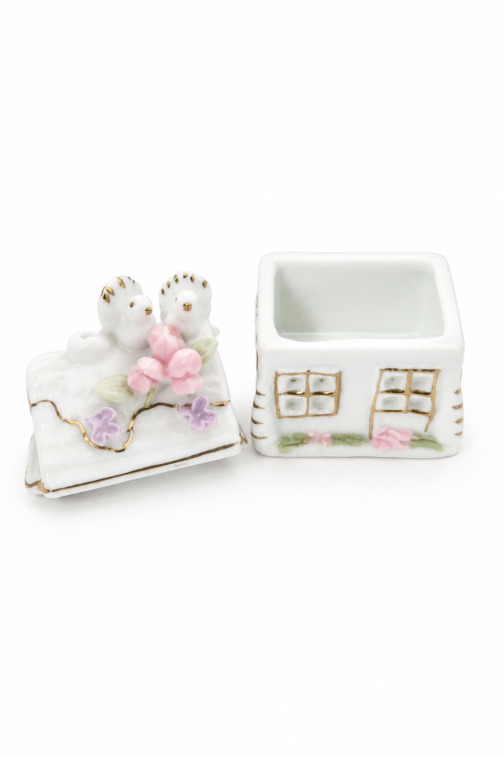 Vintage 1980s Porcelain Mini Cottage Trinket Box with Doves & Pink Flowers | Gold Accents | Jewelry Keepsake Box