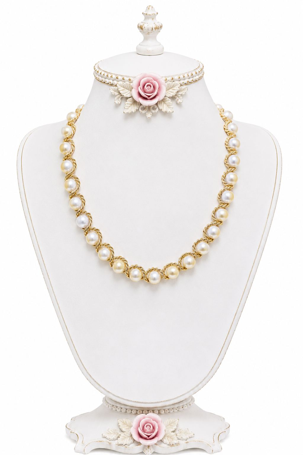 Vintage Gold & Pearl Statement Necklace | Classic Faux Pearl Link Necklace | 18” Long