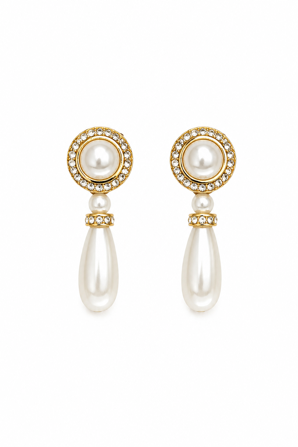 Vintage 1980s Faux Pearl Teardrop Earrings | Rhinestone Gold Tone Drop Earrings