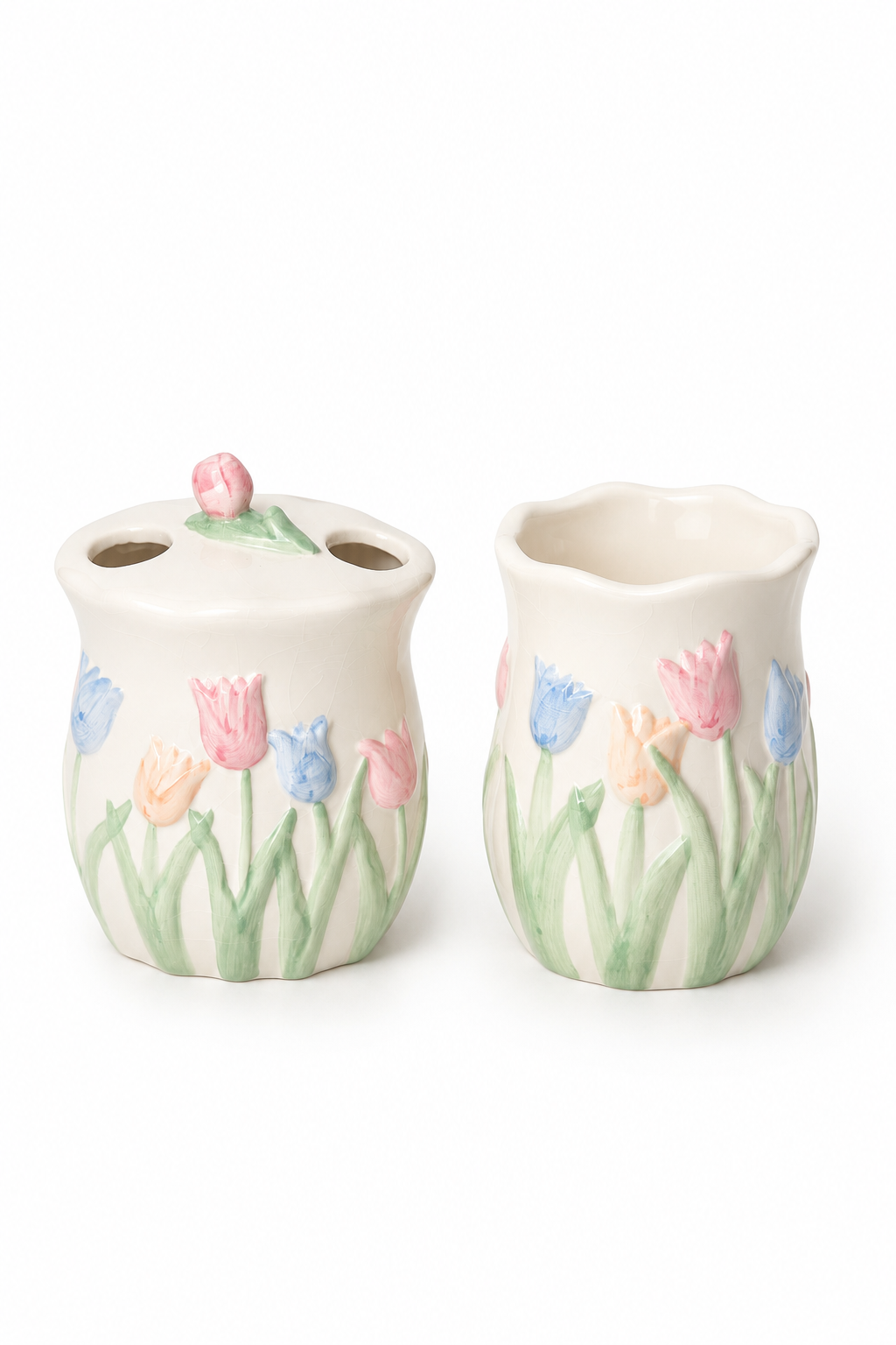 Vintage Hand-Painted Takahashi San Francisco Porcelain Tulip Bathroom Set | Toothbrush Holder & Vanity Cup | New Old Stock